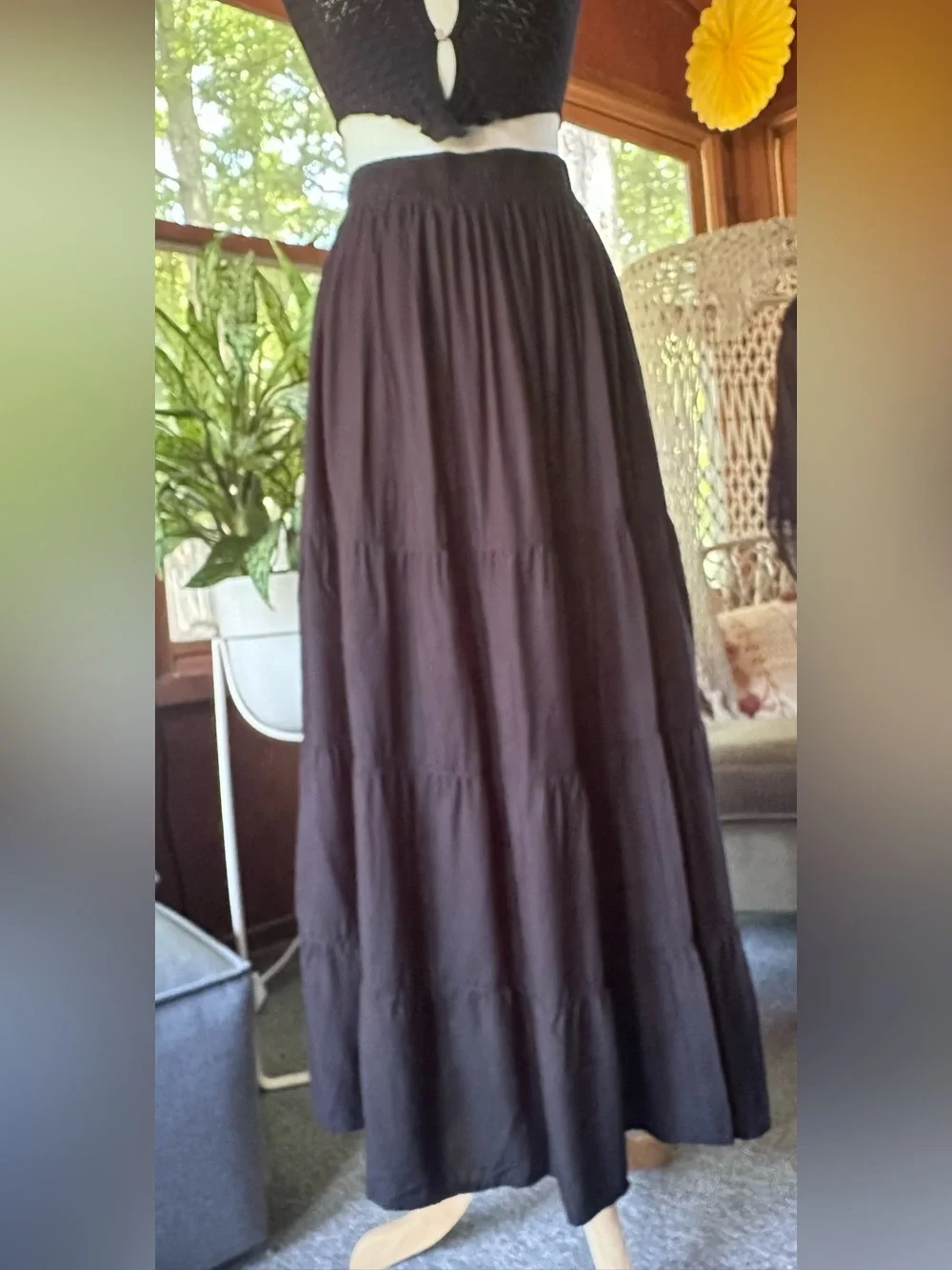 Women's Black Tiered Maxi Skirt with Elastic Waist - Picture 2 of 7